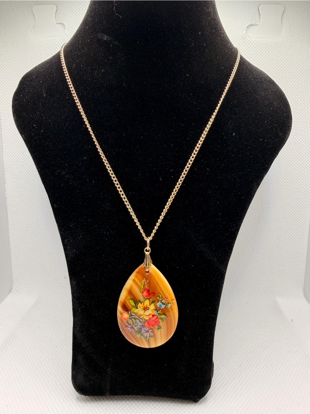 Vintage Hand Painted Banded Agate Floral Bouquet Pendant Necklace